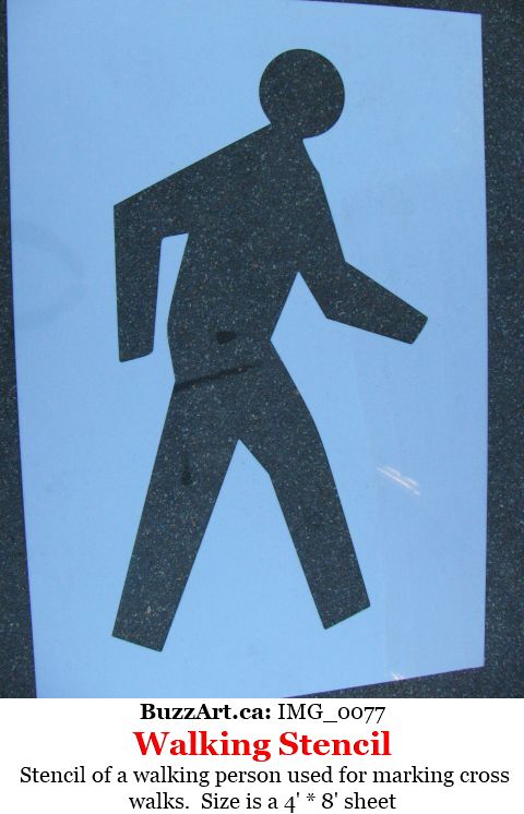 Stencil of a walking person used for marking cross walks.  Size is a 4' * 8' sheet